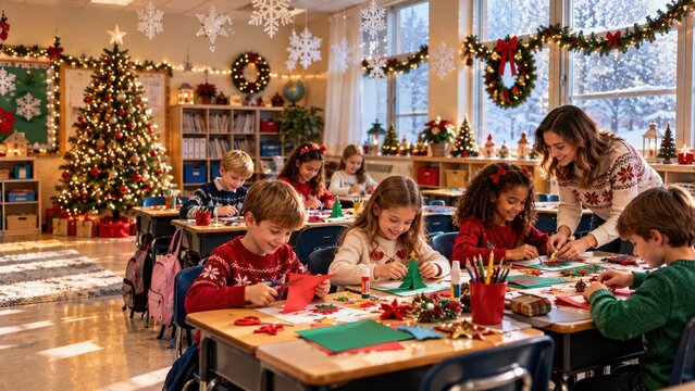 Elementary School Children Making Christmas Paper Crafts with Teacher in Festively Decorated Classroom During Winter Holiday Season