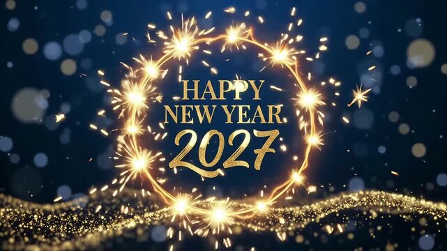 2027 new year sparkler ring frame with glowing golden particles motion graphic background
