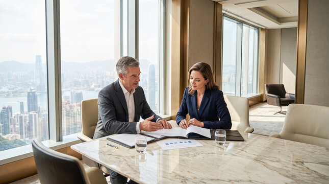 Senior male executive and female colleague reviewing legal contract documents together at marble conference table overlooking metropolis skyline boardroom office