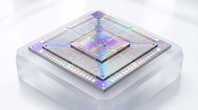 High technology quantum microprocessor silicon chip with intricate golden bonding wires mounted on frosted acrylic pedestal in laboratory cleanroom setting