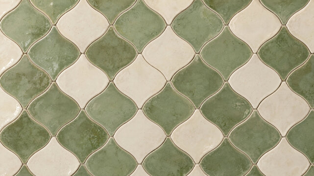 Moroccan ceramic tiles texture background, sage green and beige ogee wall mosaic pattern, elegant vintage kitchen backsplash surface design