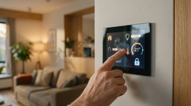 Smart home control panel on a wall in a modern living room