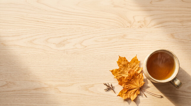 light wooden table surface flat lay ceramic mug tea cup steaming hot beverage dried autumn maple leaves morning sunlight top view