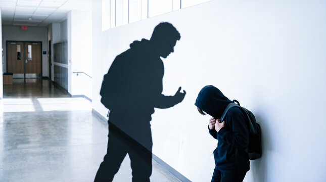 Frightened boy wearing hoodie cowering against white corridor wall under giant menacing shadow of bully inside school building hallway corner