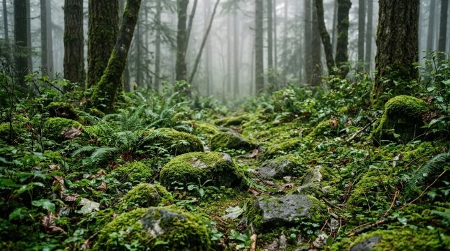 Misty forest floor with moss-covered stones and soft green foliage, atmospheric nature photography, subdued emerald and gray palette, diffused woodland light, organic texture and tranquil