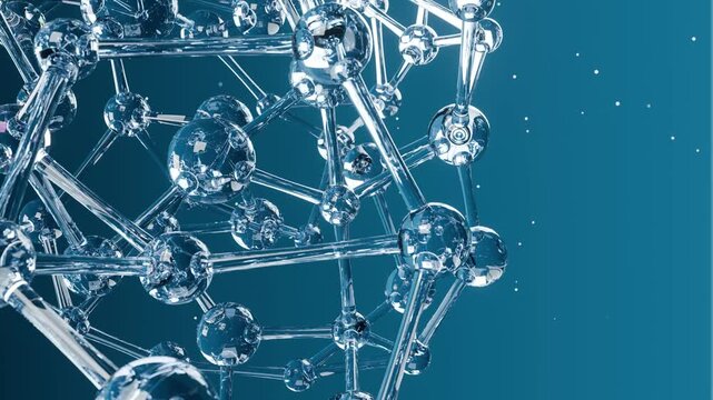 Rotating transparent glass molecular lattice with rack focus, science seamless loop