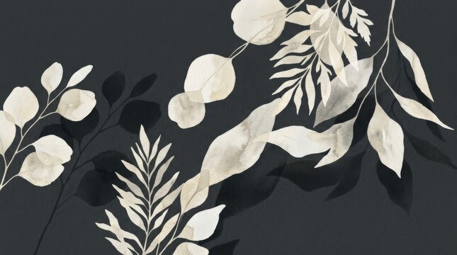 Soft cream botanical leaves and shadows on a dark charcoal background, minimalist organic abstraction, muted ivory and graphite palette, delicate translucent forms, sophisticated editorial texture,