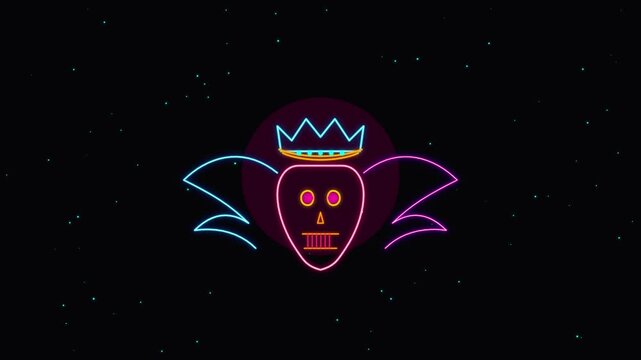 Glowing neon crowned skull icon with spread wings