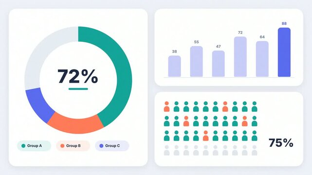 Statistics infographic animation with donut chart, column chart and people icon grid for data report, survey results and business analytics presentation