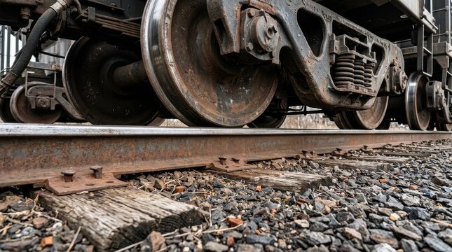 Rusty train wheels and metal tracks on gravel ballast