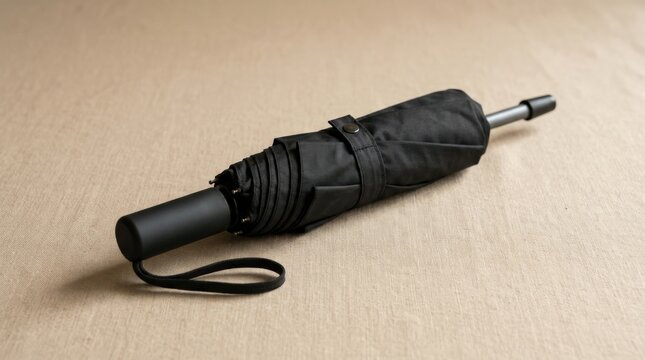 Folded black travel umbrella resting on a warm beige studio surface, minimalist product photography, compact elongated form, soft realistic shadow, subdued neutral palette and practical urban
