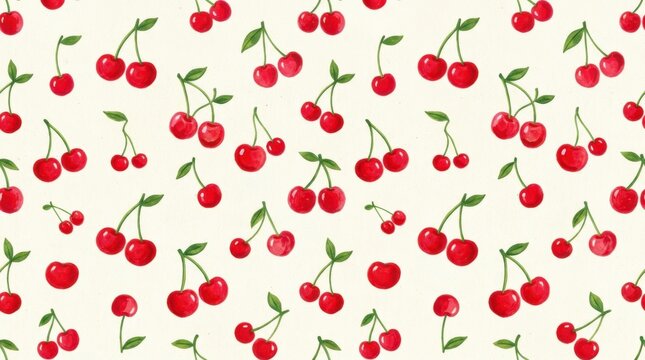 Scattered red cherries with green stems arranged as a repeating pattern on a warm off-white background, playful food illustration, hand-painted texture, loose organic spacing, bright nostalgic palette