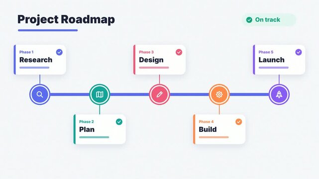 Project roadmap timeline infographic animation with research plan design build launch phases, milestones and progress tracking for business planning