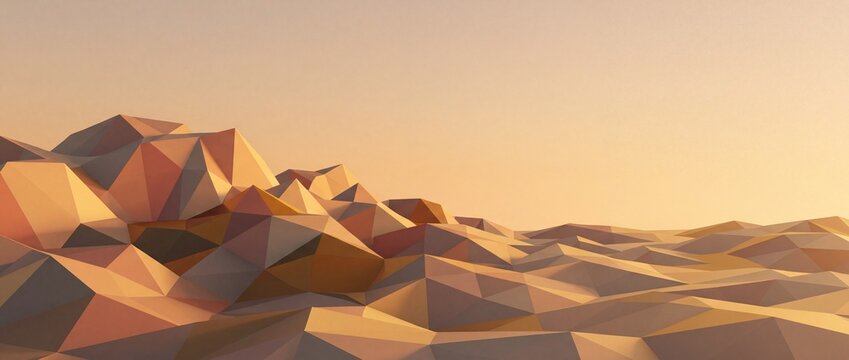 Low poly geometric landscape abstract background with warm sunset tones and mountainous terrain