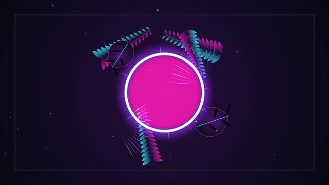 Neon circle frame with decorative botanical leaves
