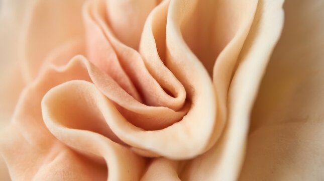 Extreme macro of pale peach organic folds resembling coral, petals or soft fabric, abstract photography, creamy warm palette, delicate shadows, smooth tactile texture and sensual biomorphic
