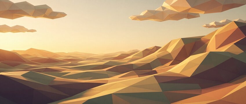 Low poly desert landscape with geometric dunes and dramatic sunset sky
