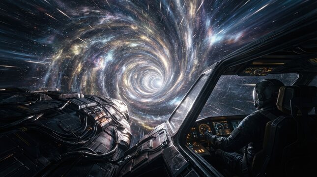 Astronaut flying a spaceship through a glowing cosmic vortex in space