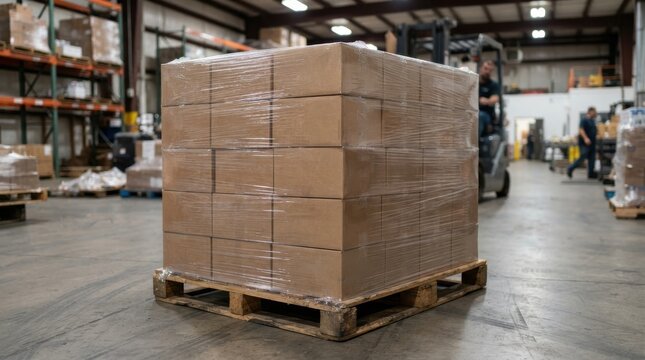 Shrink wrapped cardboard boxes on wooden pallet in warehouse