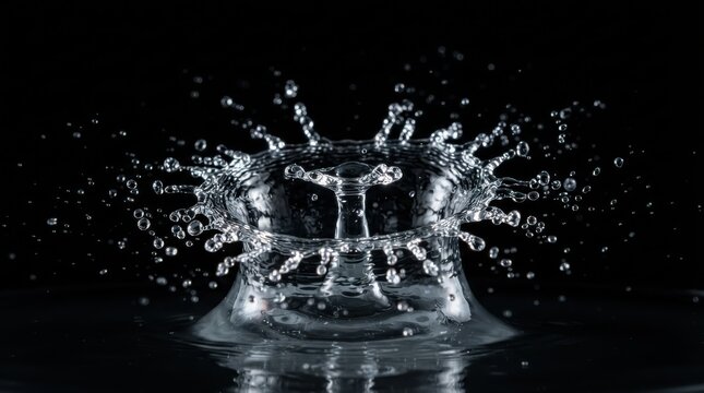 Water splash crown shape with droplets isolated on black background