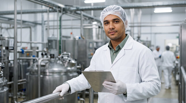 Funcion&aacute;rio de f&aacute;brica com jaleco, touca e luvas segurando prancheta met&aacute;lica em linha industrial