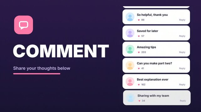 Social media comments kinetic typography animation with comment cards, user avatars, heart likes and audience engagement for community feedback and content creators