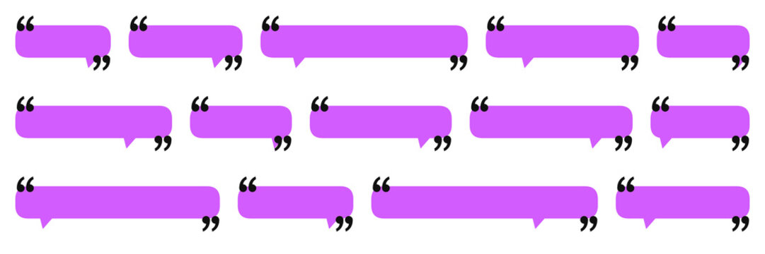Purple speech bubbles with quotation marks, set of 14 lavender text boxes for quotes, minimalist dialogue clouds, graphic communication elements