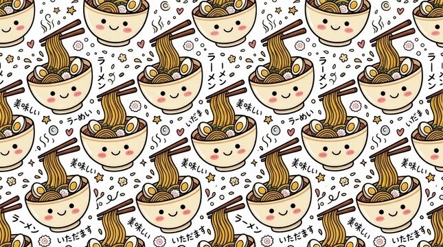 Seamless pattern of smiling ramen bowls with noodles lifted by chopsticks, playful Japanese-food doodle illustration, white background, mustard yellow noodles, cream bowls, soft pink cheeks, black