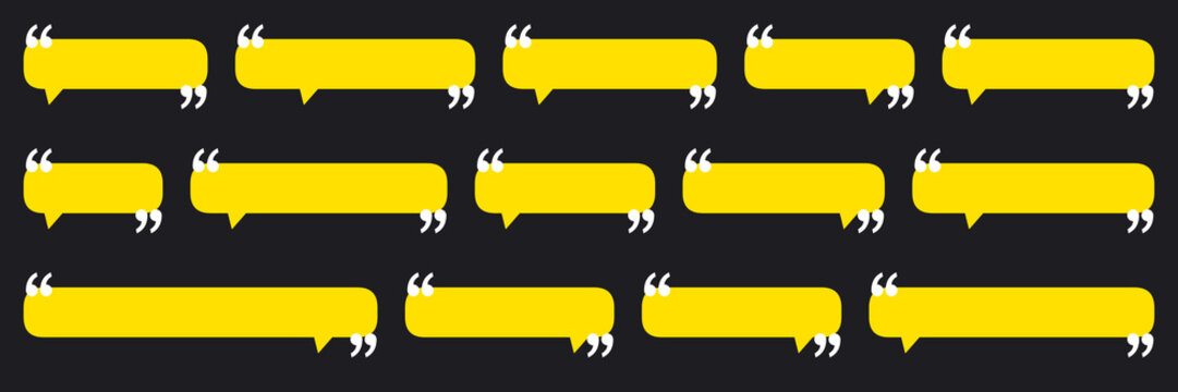 Minimalist yellow speech bubbles with quotation marks, set of 13 quote boxes on black background, modern communication callout elements