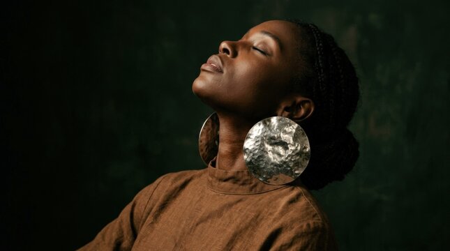Dark-skinned woman tilting her face upward, dramatic oversized silver disc earrings and earthy brown clothing, nearly black green background, low-key fine-art fashion lighting and sculptural jewelry