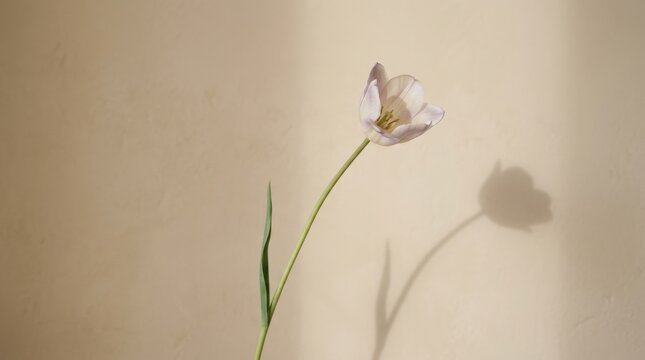 Single pale lavender-white tulip on an extremely thin green stem against a warm beige wall, minimalist botanical photography, abundant negative space, soft directional shadow, elegant muted palette,