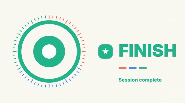 Focus timer kinetic animation with countdown ring, focus flow finish words and session complete check for productivity, time management and deep work