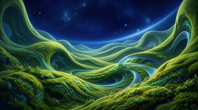 Abstract rolling landscape formed from mossy lime-green carpeted hills beneath a deep cobalt-blue void, surreal 3D render, smooth sculptural forms, dramatic color contrast, futuristic biomorphic