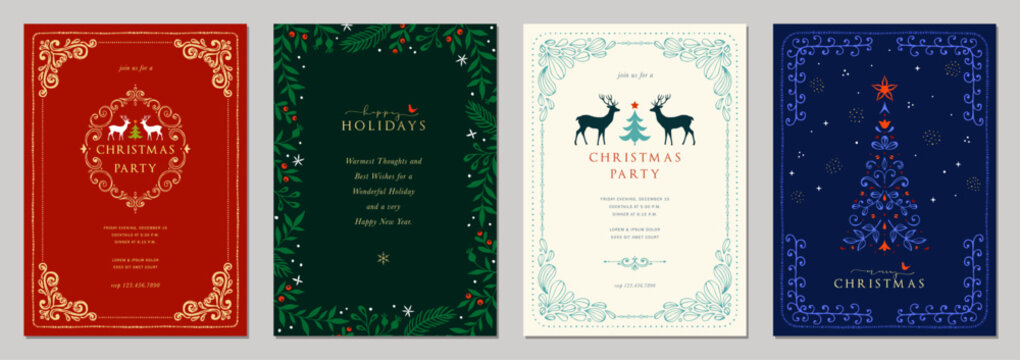 Christmas party invitations and holiday cards. Templates featuring a decorative Christmas tree, reindeer, birds, an ornate floral background, and a frame with space for text.
