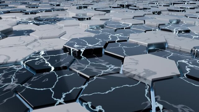 Camera gliding over hexagonal marble floor with flickering electric veins, seamless loop
