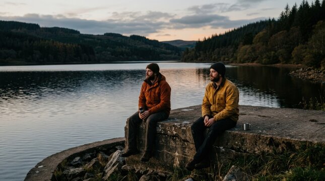 Two men in burnt orange and mustard jackets sitting apart on a concrete ledge beside a lake, cinematic friendship portrait, subdued green-brown landscape, soft evening light, quiet reflective mood.