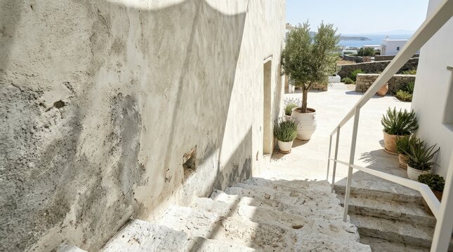 White stone steps descending beside textured walls toward a bright outdoor space, minimalist architectural photography, high-key cream and gray palette, sharp sunlight, tranquil Mediterranean-inspired