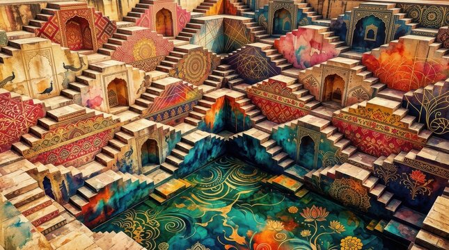 Colorful ornate stepwell architecture with intricate patterns