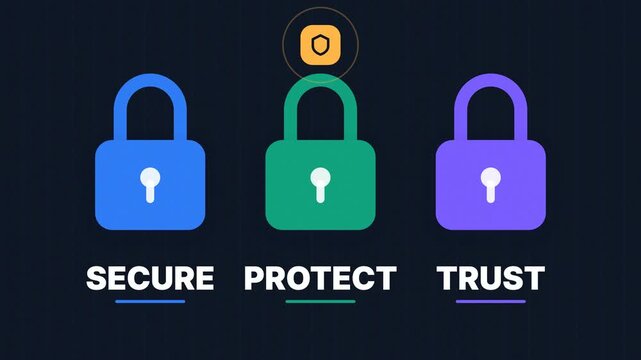 Cybersecurity kinetic typography animation with padlocks, shield scan and secure protect trust words for data protection, privacy and online security