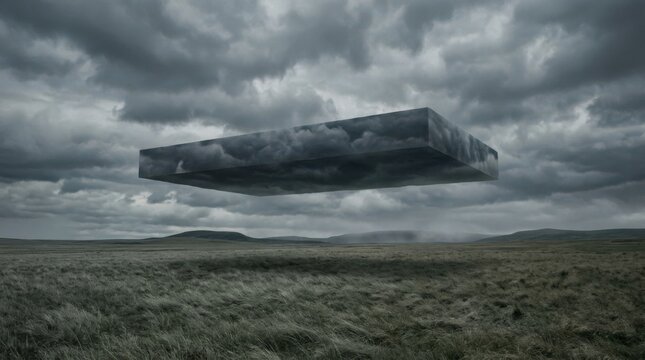 Large rectangular slab or cloudlike object floating over an empty grassy field beneath dramatic cumulus clouds, surreal conceptual landscape, muted gray-green palette, minimalist composition and
