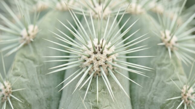 Extreme macro of pale green cactus spines and geometric areoles, botanical texture photography, mint, ivory and sage palette, shallow focus, crisp radial patterns, modern natural abstract aesthetic.