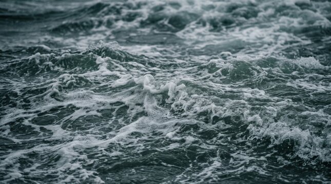 Close-up of churning gray-green ocean water, detailed surface texture, foam and ripples, moody natural photography, cool desaturated palette, dynamic abstract maritime background.