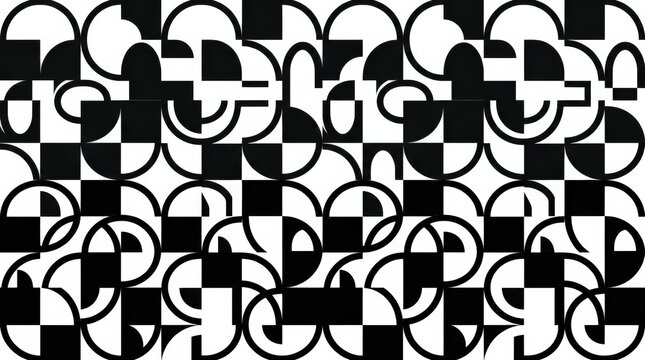 Bold black-and-white modular abstract pattern built from quarter circles, arches and square blocks, flat vector graphic, strong geometric rhythm, crisp hard edges, high contrast monochrome palette and