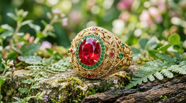 Ornate gold statement ring with a fiery red central gemstone and small green stones displayed outdoors, richly detailed metalwork, emerald and ruby accents, natural soft light, shallow focus and