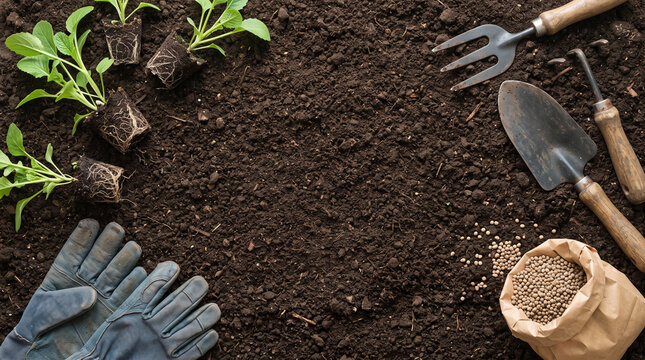 Terra escura vista de cima com ferramentas de jardinagem, mudas e adubo nas bordas