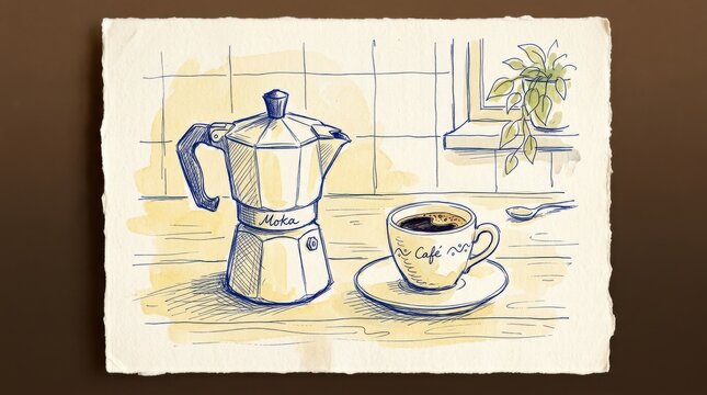 Small metallic coffee maker and cup illustrated with blue pen and pale yellow wash, minimalist hand-drawn kitchen still life, warm off-white paper, imperfect sketch lines and cozy caf&eacute; aesthetic.