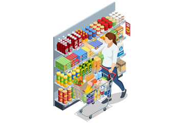 Fototapeta na wymiar Isometric illustration of a female customer with a basket selecting packaged grocery product from a supermarket shelf, representing retail purchase, consumer choice and food store commerce