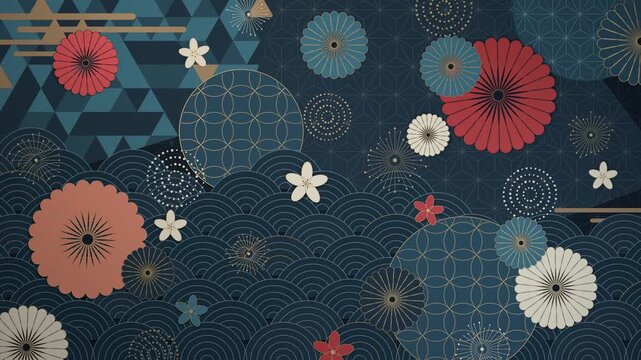 墨紺と朱の菊や青海波などの和風文様がゆったり漂うループ動画。和風イベントや店舗広告に映える装飾のシネマティック素材
