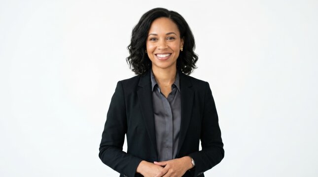 Smiling professional woman in a black blazer against a clean white background, commercial corporate portrait photography, natural skin texture, soft flattering studio light, confident friendly