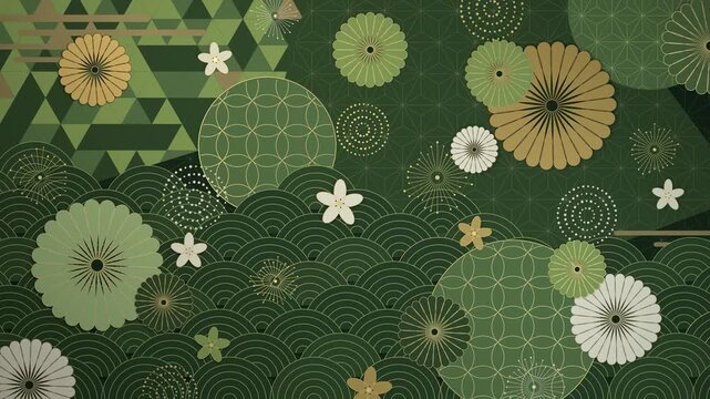 抹茶と金の菊や青海波などの和風文様がゆったり漂うループ動画。和風イベントや店舗広告に映える装飾のシネマティック素材
